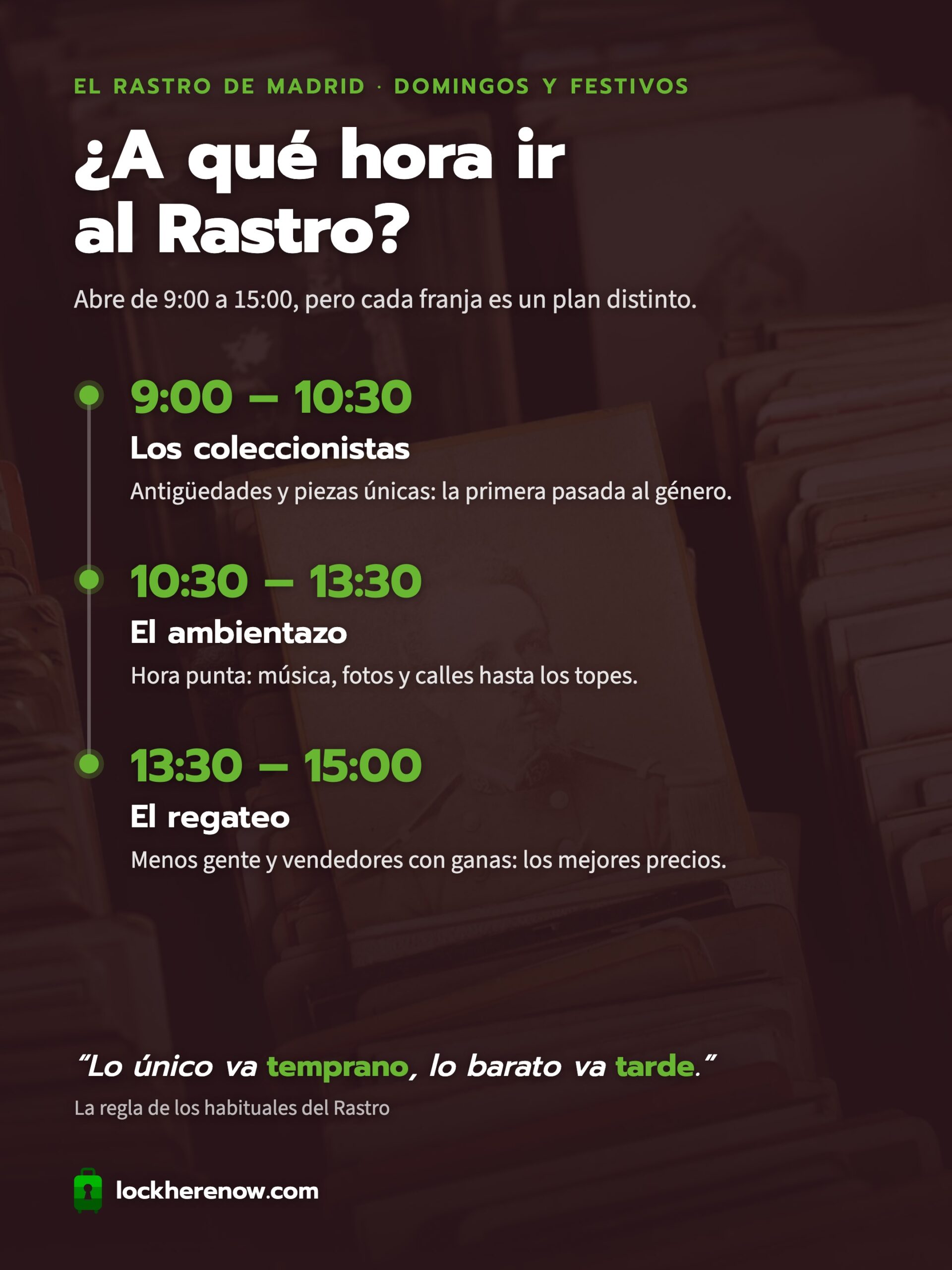 Infografía con la mejor hora para ir al Rastro de Madrid: coleccionistas de 9:00 a 10:30, hora punta de 10:30 a 13:30 y regateo de 13:30 a 15:00