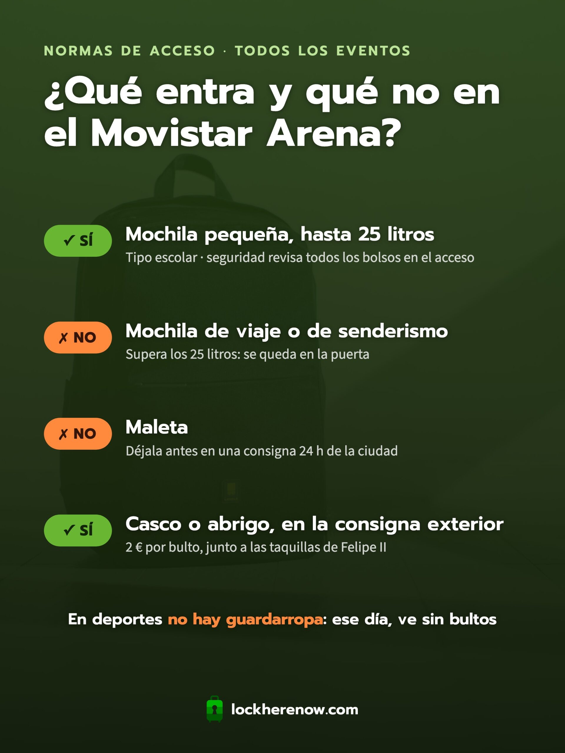 Infografía de las normas de acceso al Movistar Arena (WiZink Center): mochilas pequeñas de hasta 25 litros sí, mochilas de viaje y maletas no, y casco o abrigo a la consigna exterior de 2 euros