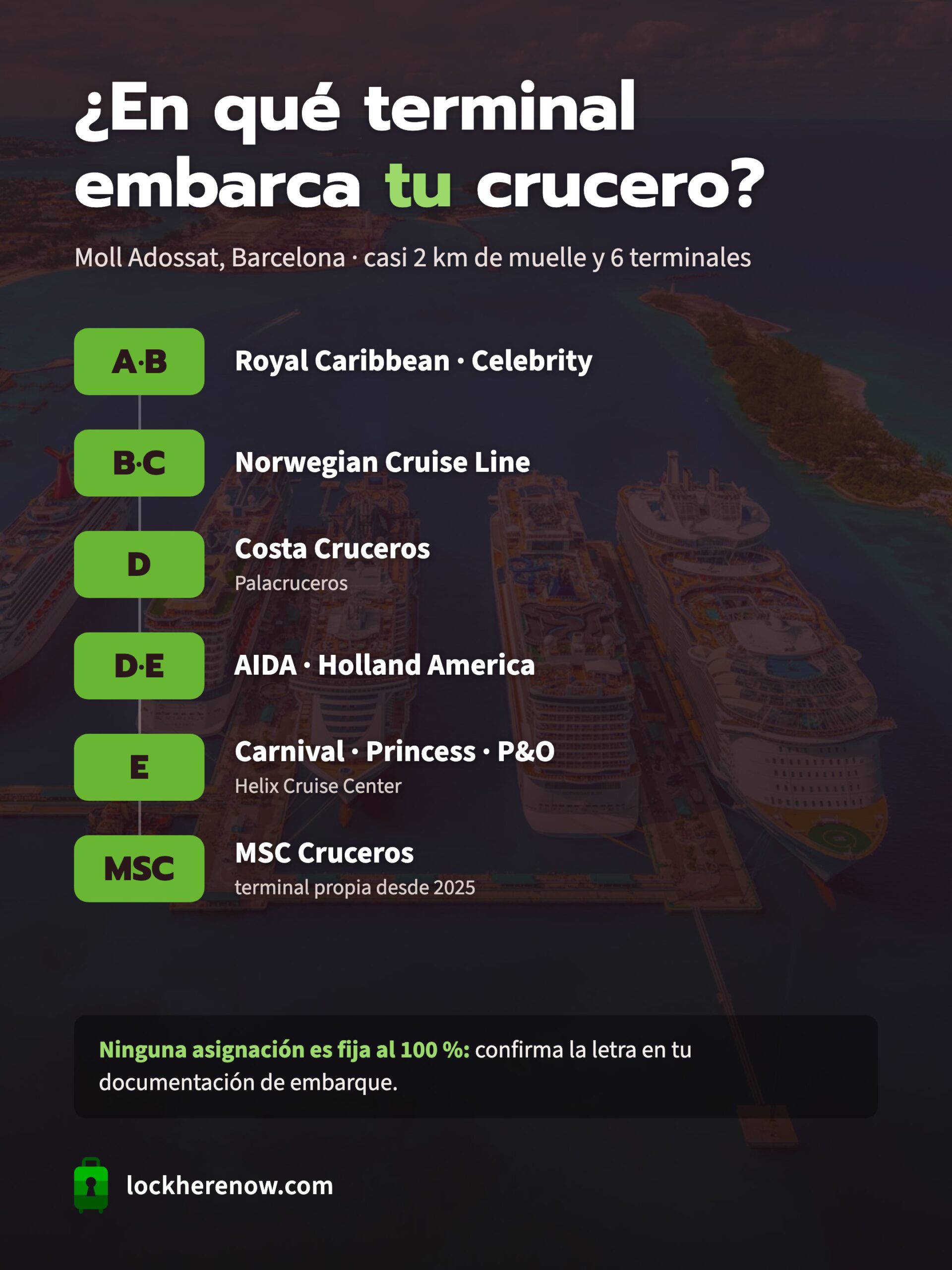 Infografía de las terminales de cruceros del Moll Adossat de Barcelona (A, B, C, D, E y MSC) con las navieras que suele usar cada una
