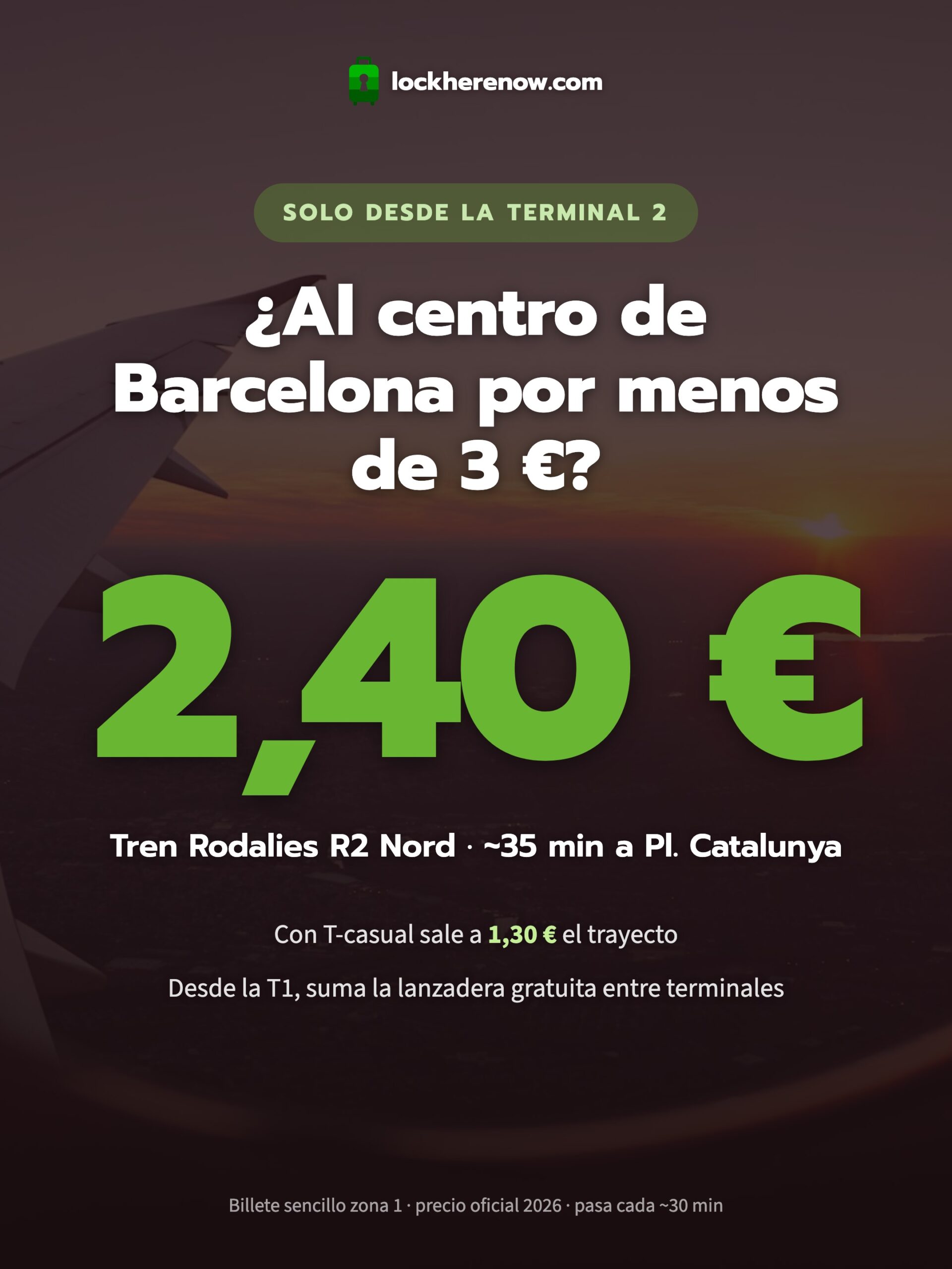 Infografía del precio del tren R2 Nord del aeropuerto de Barcelona al centro: 2,40 euros y unos 35 minutos, solo desde la Terminal 2