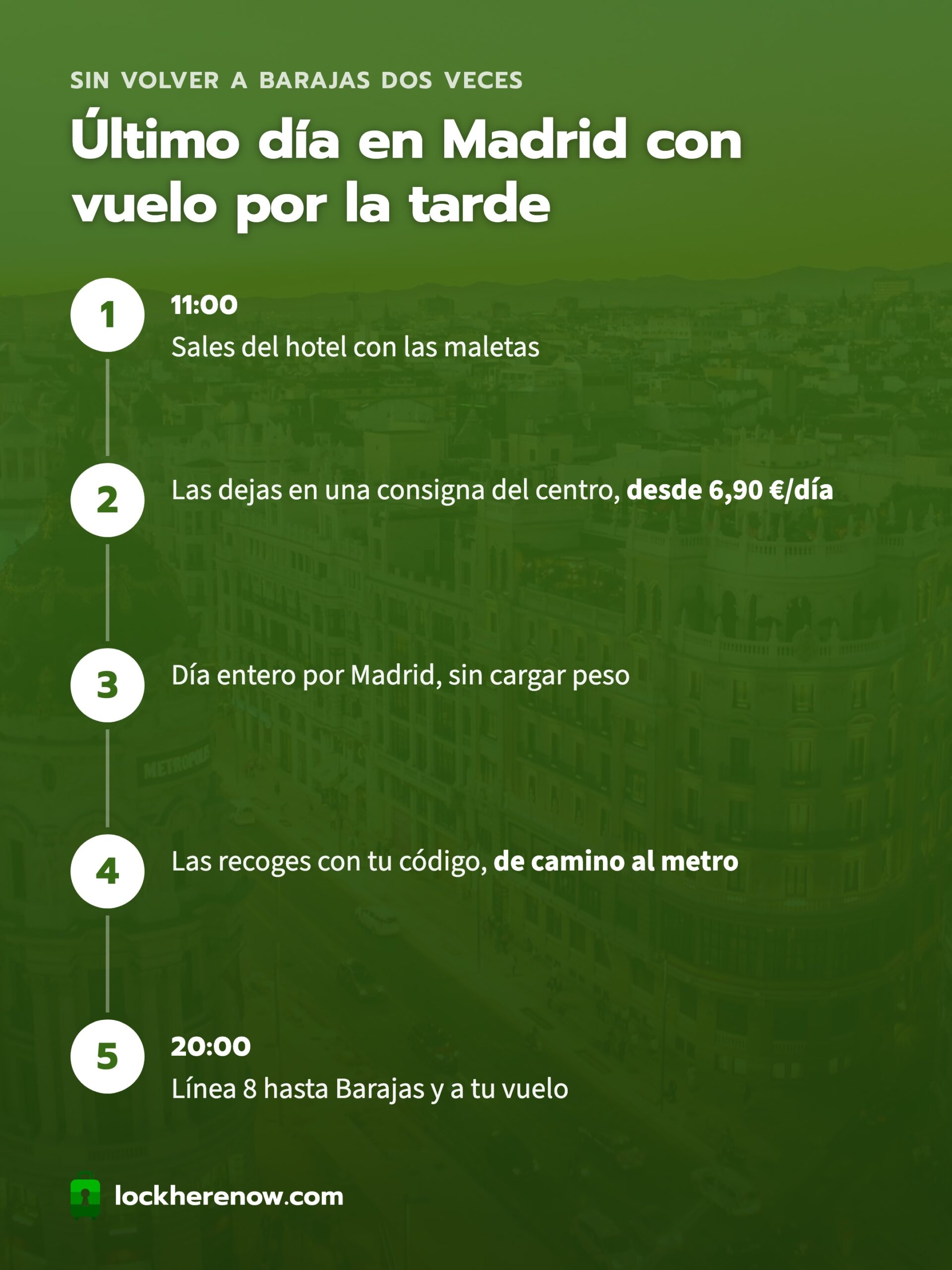 Plan paso a paso del último día en Madrid con vuelo por la tarde: dejar las maletas en una consigna del centro a las 11:00 y recogerlas de camino a Barajas para el vuelo de las 20:00