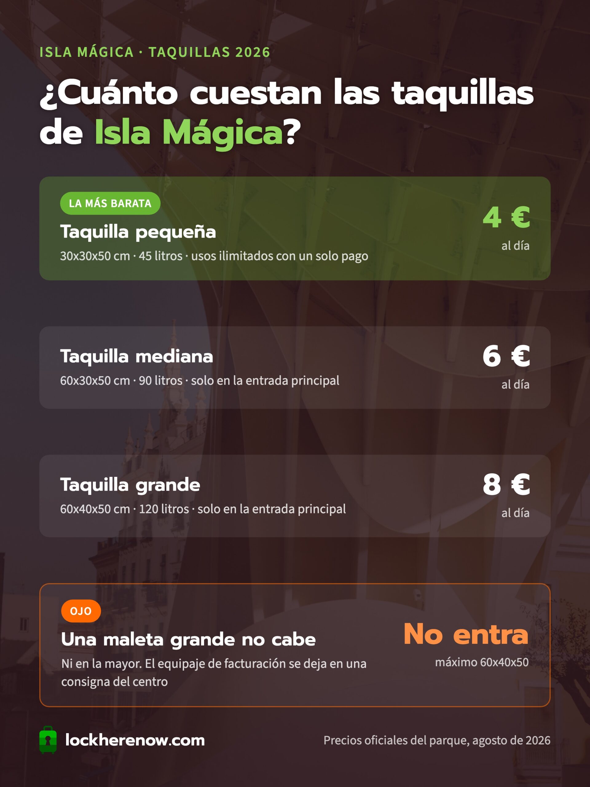 Precios y tamaños de las taquillas de Isla Mágica en Sevilla